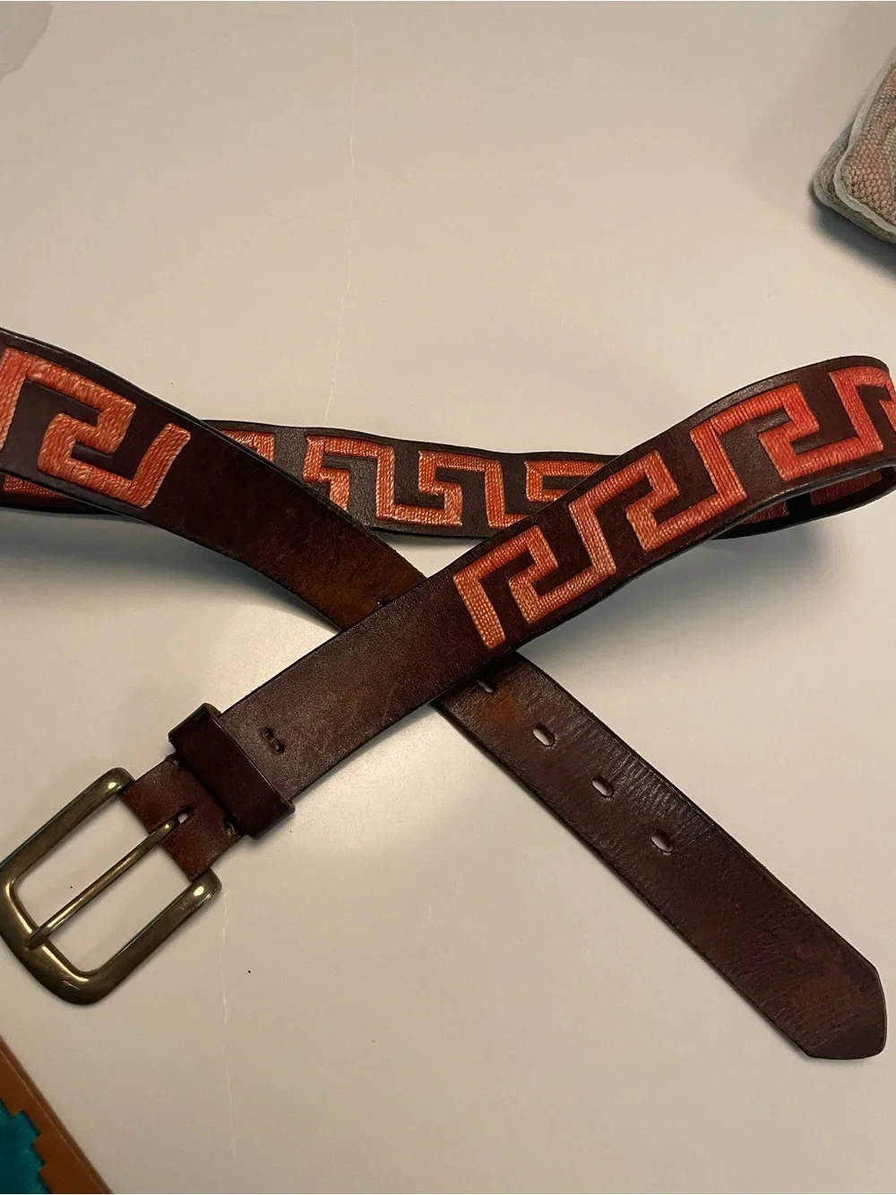 Tato’s  Men's Brown Leather Polo  Belt with Orange Geometric Embroidery 38